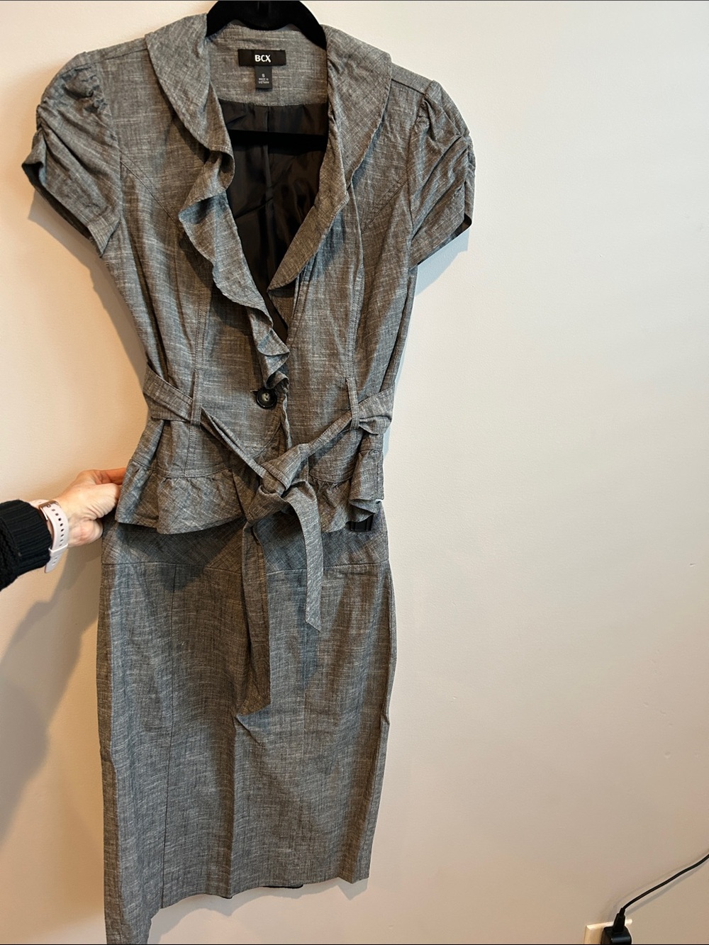 BCX Gray Ruffled Belted Sheath Dress